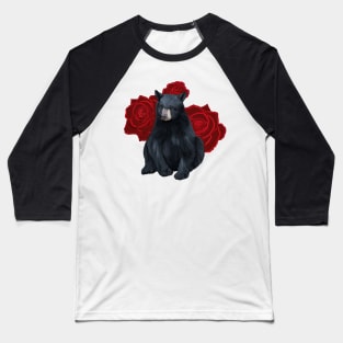 Black Bear and Red Roses Baseball T-Shirt